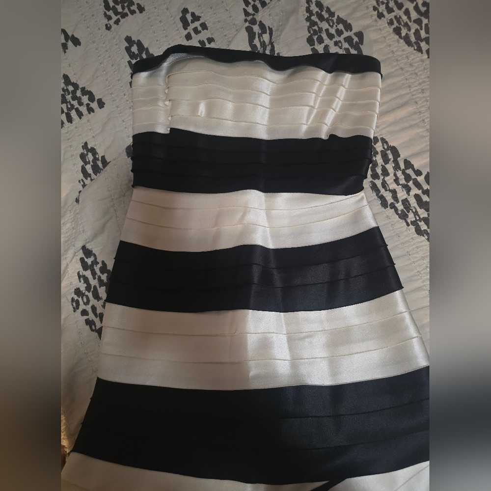 BCBG womens size 2 strapless floor length black and white layered gown